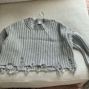 Zara Metallic Silver Cropped Distressed Sweater